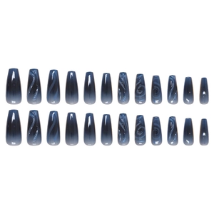 24pcs long coffin press on nails featuring navy blue marble gradient and spiral art patterns