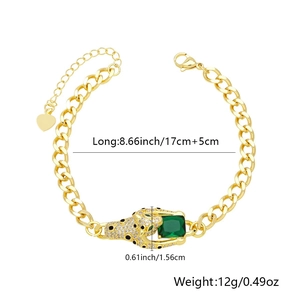 Detail showing dimensions of gold cuban link bracelet with zircon leopard head and emerald