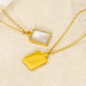 Gold plated stainless steel rectangular shell pendant necklace with sparkling zircons