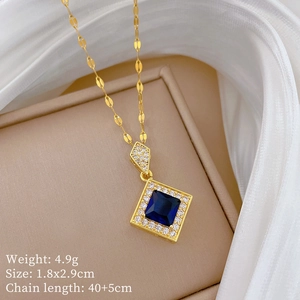 Detail shot of blue square pendant necklace with dimensions and weight specifications