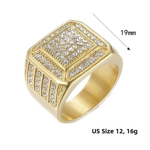 Detail view of gold hiphop ring with 19mm face width and iced out square crystal setting