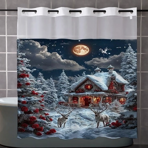 Christmas waffle shower curtain with reindeer and snow cabin scene for bathroom
