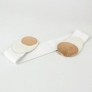 White elastic waist belt for women with elegant golden metal discs and luxury texture
