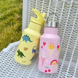 350ml double-walled stainless steel kids water bottles with dinosaur and strawberry prints