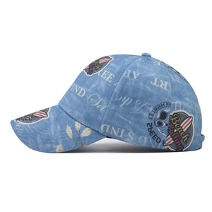 Light blue washed denim baseball cap with Beach Sailing prints and nautical surf patterns