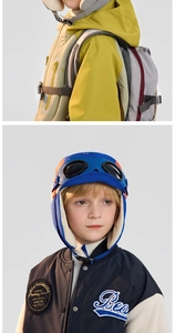 Detail of kids winter aviator hat with goggles and fleece lining for outdoor warmth