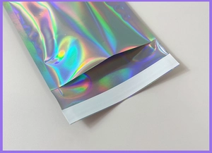 Close-up of holographic laser courier bag with rainbow reflection and self-adhesive seal