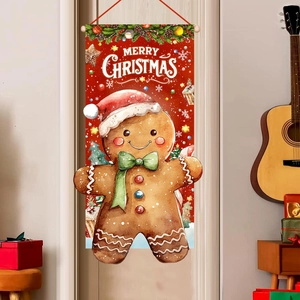 Outdoor Christmas banner featuring gingerbread man motif with Merry Christmas text on red fabric