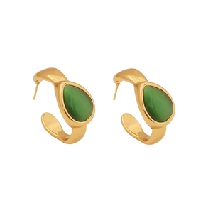 Elegant gold C-shaped earrings with green teardrop stones on a clean white background