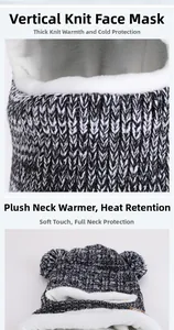 Detailed view of kids winter knit balaclava with warm plush lining and cute ear pom-poms