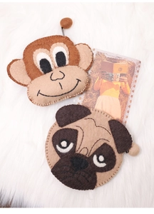 Handmade wool felt animal coin purses featuring cute monkey and pug designs on plush background