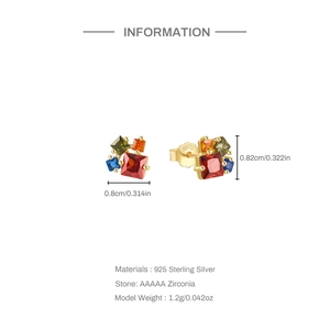 Detail of S925 sterling silver studs with colorful zirconia stones and S925 hallmark