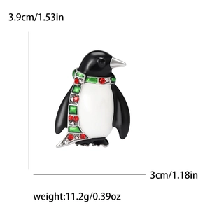 Cartoon penguin brooch with enamel finish and rhinestones showing size measurements