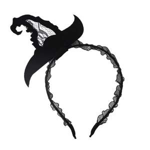 Detail of black lace witch hat headband with intricate fabric mesh for Halloween party