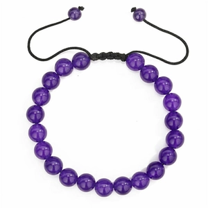 Detailed view of 8mm purple natural stone beads with adjustable black braided cord