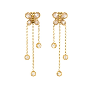 Boucles d'oreilles papillon en acier doré avec de longs glands et des strass brillants