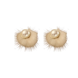 Elegant beige fur ball earrings with pearl center and golden rim for women in winter