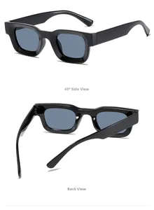 Detail view showing black thick-frame retro square sunglasses with grey lenses in dual angles