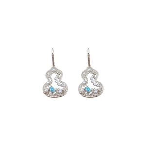 Exquisite silver gourd earrings with pearls, blue gemstones and sparkling zircons on white