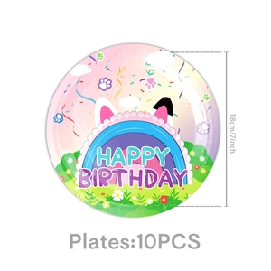 Detail of 7-inch birthday paper plates with rainbow cat design, set of 10 pieces