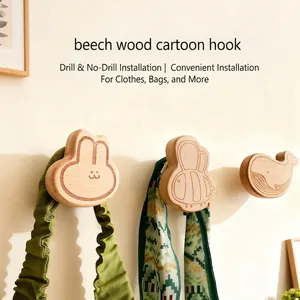 Animal Wood Wall Hooks Solid Beechwood Adhesive Drill-Free Cute Cartoon Decor Hanger For Clothes Bags Keys Organizer