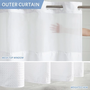 Detail view of white waffle shower curtain with mesh top window and weighted hem feature