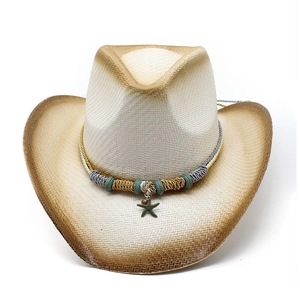 Detail of woven straw cowboy hat with starfish pendant and multicolored braided band