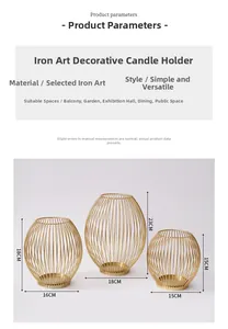 Three gold wrought iron hollow wire candle holders in various sizes for table decor