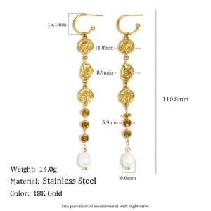 18K gold-plated stainless steel long tassel earrings with pearls and hammered texture