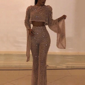 Women Sequin Long Bell Sleeve Backless Crop Top And High Waist Flared Pants Sexy Party Clubwear Glamorous Outfit