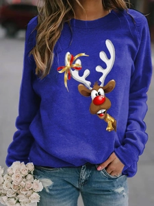 Detail of royal blue Christmas sweatshirt featuring a large festive reindeer cartoon print