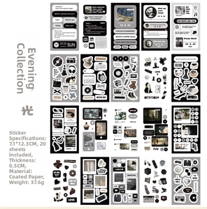 Detail of 20 retro DIY stickers featuring vinyl records, statues, and cat motifs