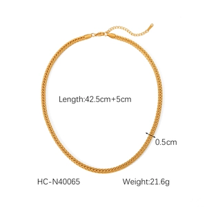 Detail shot of 18K gold plated woven chain necklace with dimensions and weight specs