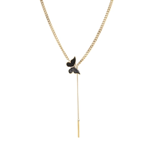 Elegant gold necklace featuring a black butterfly pendant with decorative crystals