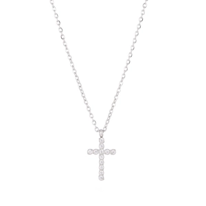Elegant silver cross pendant necklace with sparkling gems on a white background