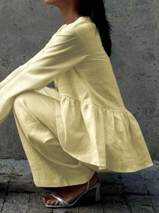 Women's casual long sleeve top and wide leg pants set in pale yellow linen blend