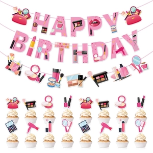 Decorazione Per Festa Di Compleanno Tema Trucco Banner In Cartone Cake Toppers Spirali Appese Rosa Stile Cartone Animato Per Ragazze