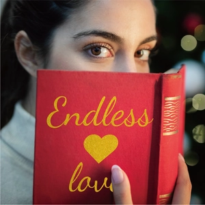 Deep red glitter letter sticker on gift box with Endless Love gold heart pattern