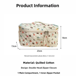 Quilted floral makeup bag with bear pattern showing dimensions 23x15x18cm and dual zippers
