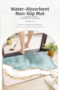Detail of soft absorbent bath mat with blue marble texture and WAVES of GOLD print