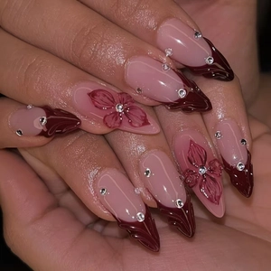 Press On Nails French Long Almond Nude Pink Burgundy 3D Embossed Flower Rhinestone Elegant Manicure