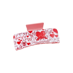 Romantic pink and white heart hair claw clip with Cupid angel pattern for women