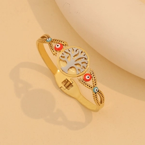 Bracciale bicolore Albero della Vita con ciondoli malocchio rossi e blu su beige