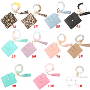 Silicone Bead Keychain Card Holder For Women PU Leather Wallet With Tassel Wristlet Strap Bracelet Key Ring Case