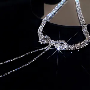 Elegant multi-layer rhinestone bowknot tassel necklace with sparkling silver-tone finish