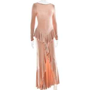 Detail view of the pink maxi dress featuring an elegant ruffled slit and slim fit design