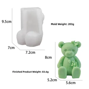 Detailed view of DIY silicone bear mold and finished plaster figurine with size dimensions
