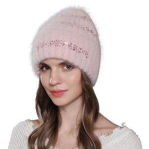 Pink sequin knit beanie hat with fluffy rabbit fur texture and warm ear protection design