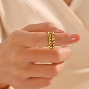 Fashionable minimalist double row beaded gold plated stainless steel open ring for women