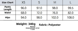 Detailed size guide for women's satin wide leg trousers showing XS to L measurements